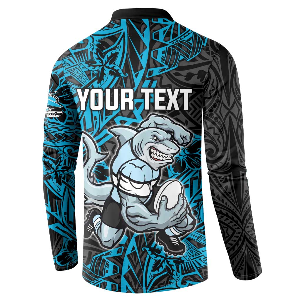 Personalised Cronulla-Sutherland Sharks Button Sweatshirt Polynesian Tribal Pattern With Rugby Shark Mascot Art