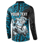 Personalised Cronulla-Sutherland Sharks Button Sweatshirt Polynesian Tribal Pattern With Rugby Shark Mascot Art