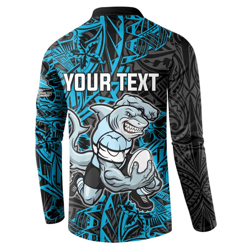 Personalised Cronulla-Sutherland Sharks Button Sweatshirt Polynesian Tribal Pattern With Rugby Shark Mascot Art