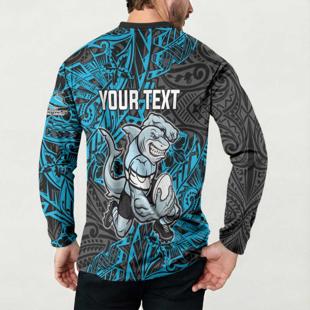 Personalised Cronulla-Sutherland Sharks Button Sweatshirt Polynesian Tribal Pattern With Rugby Shark Mascot Art