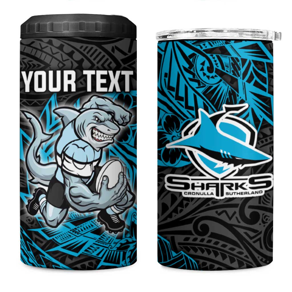 Personalised Cronulla-Sutherland Sharks 4 in 1 Can Cooler Tumbler Polynesian Tribal Pattern With Rugby Shark Mascot Art
