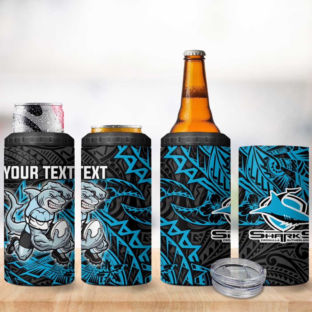 Personalised Cronulla-Sutherland Sharks 4 in 1 Can Cooler Tumbler Polynesian Tribal Pattern With Rugby Shark Mascot Art