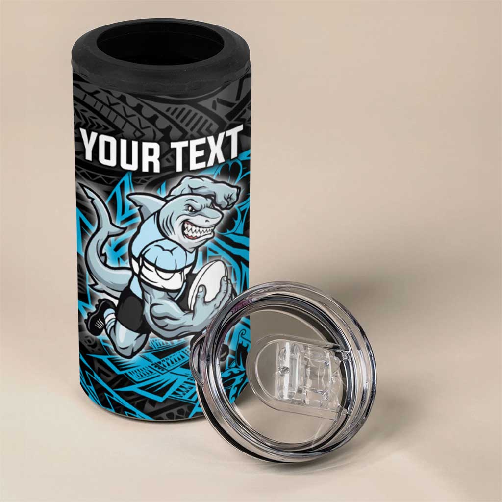 Personalised Cronulla-Sutherland Sharks 4 in 1 Can Cooler Tumbler Polynesian Tribal Pattern With Rugby Shark Mascot Art