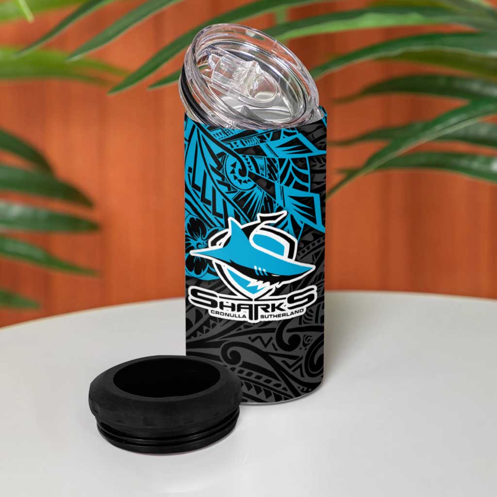 Personalised Cronulla-Sutherland Sharks 4 in 1 Can Cooler Tumbler Polynesian Tribal Pattern With Rugby Shark Mascot Art