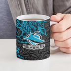 Personalised Cronulla-Sutherland Sharks Ceramic Mug Polynesian Tribal Pattern With Rugby Shark Mascot Art