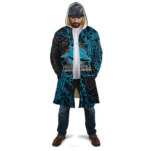 Personalised Cronulla-Sutherland Sharks Cloak Polynesian Tribal Pattern With Rugby Shark Mascot Art