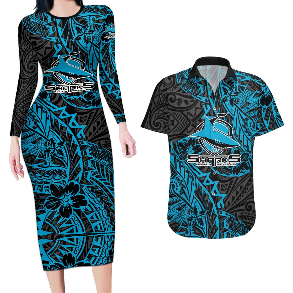 Personalised Cronulla-Sutherland Sharks Couples Matching Long Sleeve Bodycon Dress and Hawaiian Shirt Polynesian Tribal Pattern With Rugby Shark Mascot Art