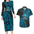 Personalised Cronulla-Sutherland Sharks Couples Matching Long Sleeve Bodycon Dress and Hawaiian Shirt Polynesian Tribal Pattern With Rugby Shark Mascot Art