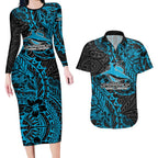 Personalised Cronulla-Sutherland Sharks Couples Matching Long Sleeve Bodycon Dress and Hawaiian Shirt Polynesian Tribal Pattern With Rugby Shark Mascot Art