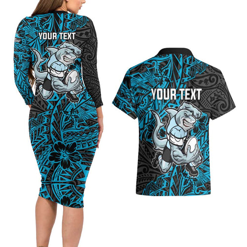Personalised Cronulla-Sutherland Sharks Couples Matching Long Sleeve Bodycon Dress and Hawaiian Shirt Polynesian Tribal Pattern With Rugby Shark Mascot Art