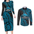 Personalised Cronulla-Sutherland Sharks Couples Matching Long Sleeve Bodycon Dress and Long Sleeve Button Shirt Polynesian Tribal Pattern With Rugby Shark Mascot Art