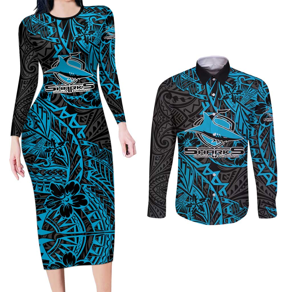 Personalised Cronulla-Sutherland Sharks Couples Matching Long Sleeve Bodycon Dress and Long Sleeve Button Shirt Polynesian Tribal Pattern With Rugby Shark Mascot Art
