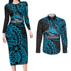 Personalised Cronulla-Sutherland Sharks Couples Matching Long Sleeve Bodycon Dress and Long Sleeve Button Shirt Polynesian Tribal Pattern With Rugby Shark Mascot Art