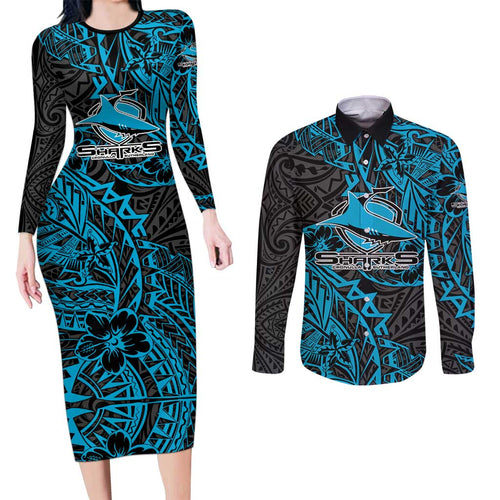 Personalised Cronulla-Sutherland Sharks Couples Matching Long Sleeve Bodycon Dress and Long Sleeve Button Shirt Polynesian Tribal Pattern With Rugby Shark Mascot Art