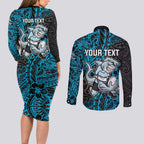 Personalised Cronulla-Sutherland Sharks Couples Matching Long Sleeve Bodycon Dress and Long Sleeve Button Shirt Polynesian Tribal Pattern With Rugby Shark Mascot Art