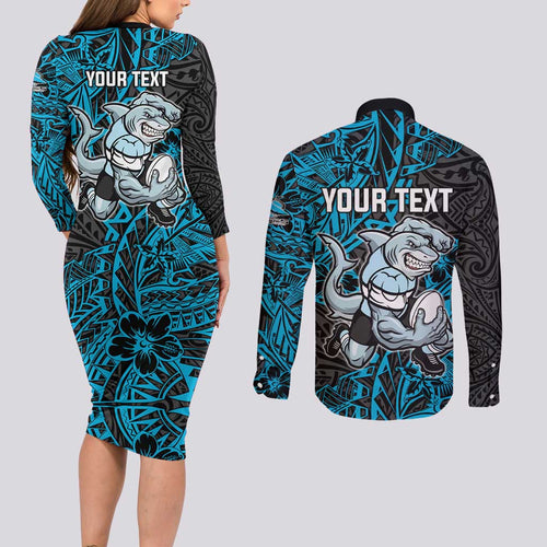 Personalised Cronulla-Sutherland Sharks Couples Matching Long Sleeve Bodycon Dress and Long Sleeve Button Shirt Polynesian Tribal Pattern With Rugby Shark Mascot Art