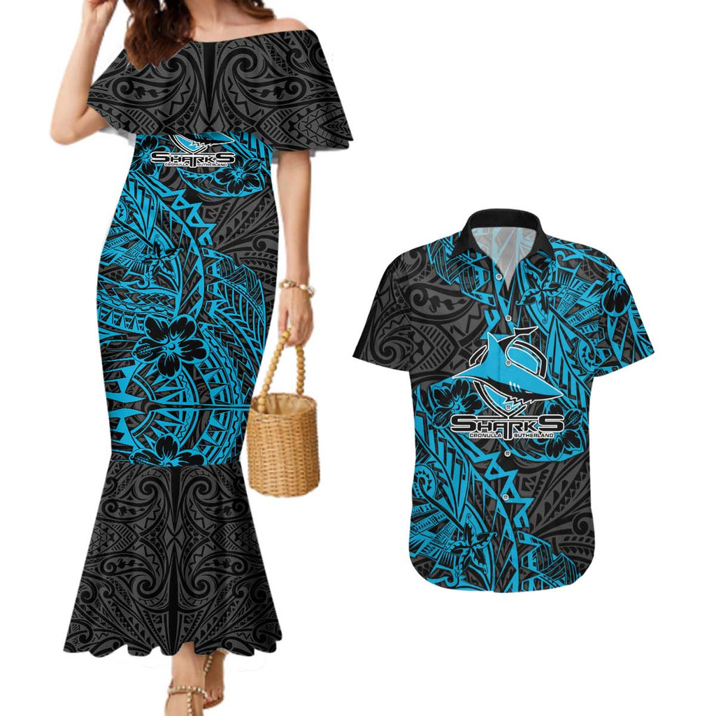 Personalised Cronulla-Sutherland Sharks Couples Matching Mermaid Dress and Hawaiian Shirt Polynesian Tribal Pattern With Rugby Shark Mascot Art