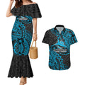 Personalised Cronulla-Sutherland Sharks Couples Matching Mermaid Dress and Hawaiian Shirt Polynesian Tribal Pattern With Rugby Shark Mascot Art