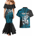 Personalised Cronulla-Sutherland Sharks Couples Matching Mermaid Dress and Hawaiian Shirt Polynesian Tribal Pattern With Rugby Shark Mascot Art