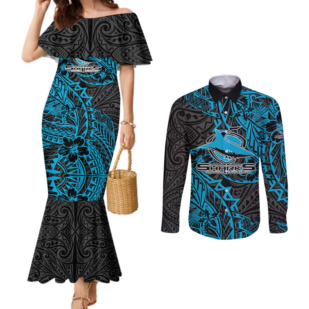 Personalised Cronulla-Sutherland Sharks Couples Matching Mermaid Dress and Long Sleeve Button Shirt Polynesian Tribal Pattern With Rugby Shark Mascot Art
