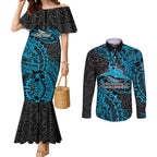 Personalised Cronulla-Sutherland Sharks Couples Matching Mermaid Dress and Long Sleeve Button Shirt Polynesian Tribal Pattern With Rugby Shark Mascot Art