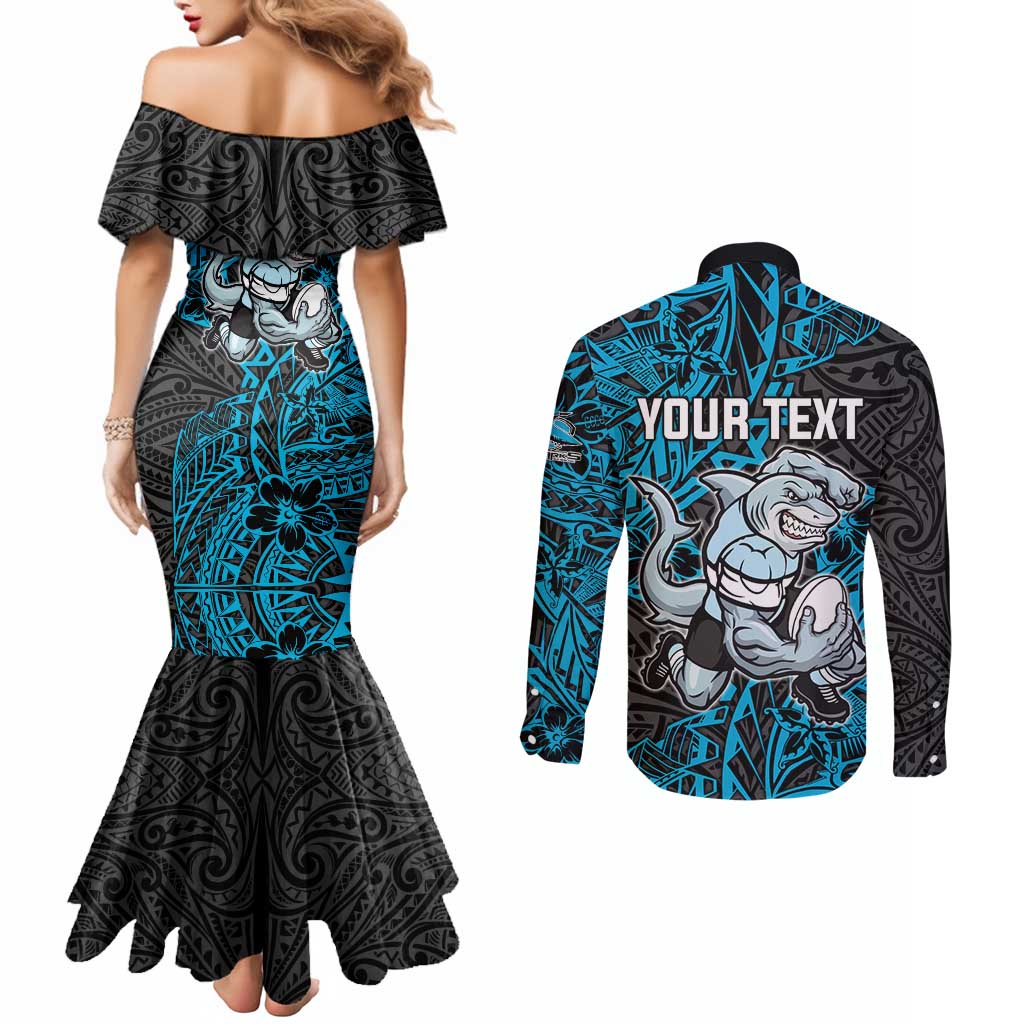 Personalised Cronulla-Sutherland Sharks Couples Matching Mermaid Dress and Long Sleeve Button Shirt Polynesian Tribal Pattern With Rugby Shark Mascot Art