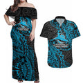 Personalised Cronulla-Sutherland Sharks Couples Matching Off Shoulder Maxi Dress and Hawaiian Shirt Polynesian Tribal Pattern With Rugby Shark Mascot Art
