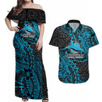 Personalised Cronulla-Sutherland Sharks Couples Matching Off Shoulder Maxi Dress and Hawaiian Shirt Polynesian Tribal Pattern With Rugby Shark Mascot Art