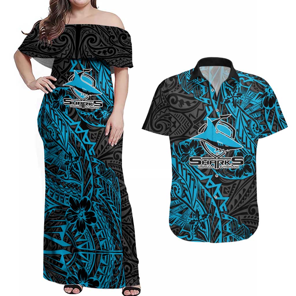 Personalised Cronulla-Sutherland Sharks Couples Matching Off Shoulder Maxi Dress and Hawaiian Shirt Polynesian Tribal Pattern With Rugby Shark Mascot Art
