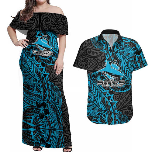 Personalised Cronulla-Sutherland Sharks Couples Matching Off Shoulder Maxi Dress and Hawaiian Shirt Polynesian Tribal Pattern With Rugby Shark Mascot Art