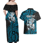 Personalised Cronulla-Sutherland Sharks Couples Matching Off Shoulder Maxi Dress and Hawaiian Shirt Polynesian Tribal Pattern With Rugby Shark Mascot Art