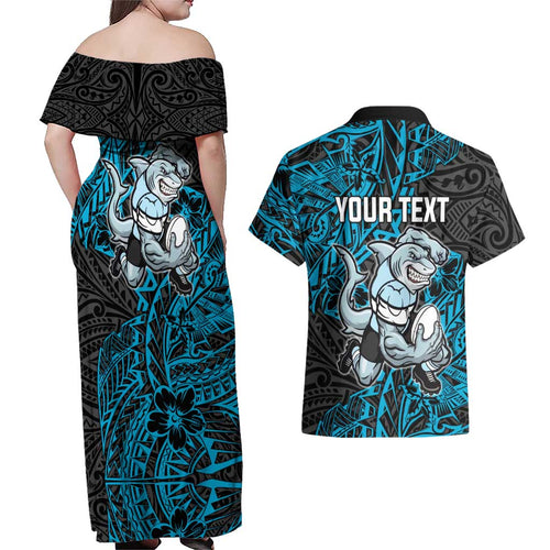 Personalised Cronulla-Sutherland Sharks Couples Matching Off Shoulder Maxi Dress and Hawaiian Shirt Polynesian Tribal Pattern With Rugby Shark Mascot Art