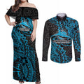 Personalised Cronulla-Sutherland Sharks Couples Matching Off Shoulder Maxi Dress and Long Sleeve Button Shirt Polynesian Tribal Pattern With Rugby Shark Mascot Art
