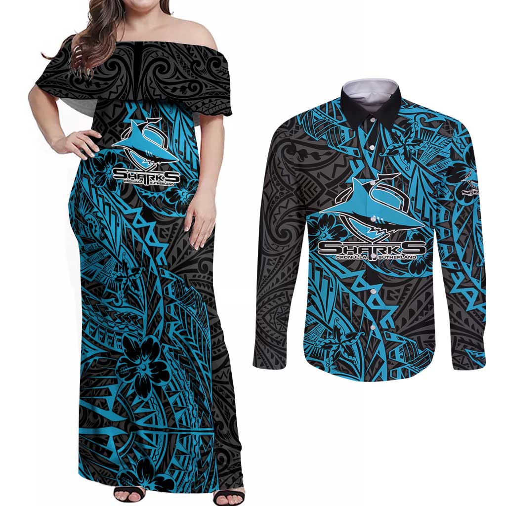 Personalised Cronulla-Sutherland Sharks Couples Matching Off Shoulder Maxi Dress and Long Sleeve Button Shirt Polynesian Tribal Pattern With Rugby Shark Mascot Art