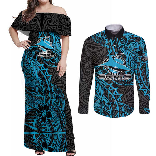 Personalised Cronulla-Sutherland Sharks Couples Matching Off Shoulder Maxi Dress and Long Sleeve Button Shirt Polynesian Tribal Pattern With Rugby Shark Mascot Art