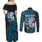 Personalised Cronulla-Sutherland Sharks Couples Matching Off Shoulder Maxi Dress and Long Sleeve Button Shirt Polynesian Tribal Pattern With Rugby Shark Mascot Art