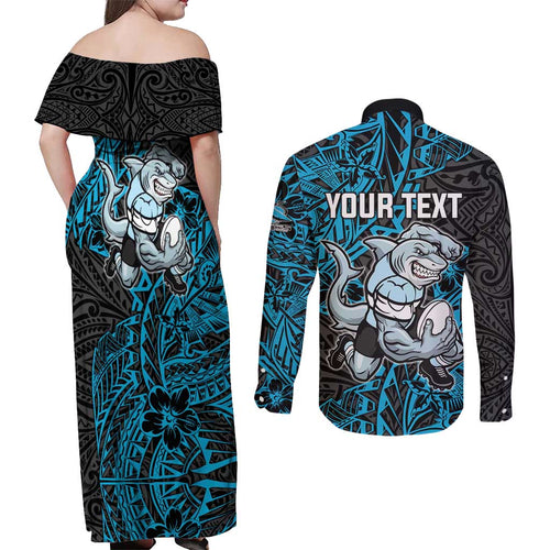 Personalised Cronulla-Sutherland Sharks Couples Matching Off Shoulder Maxi Dress and Long Sleeve Button Shirt Polynesian Tribal Pattern With Rugby Shark Mascot Art