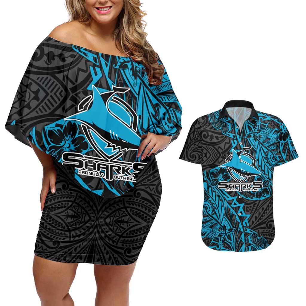 Personalised Cronulla-Sutherland Sharks Couples Matching Off Shoulder Short Dress and Hawaiian Shirt Polynesian Tribal Pattern With Rugby Shark Mascot Art