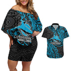 Personalised Cronulla-Sutherland Sharks Couples Matching Off Shoulder Short Dress and Hawaiian Shirt Polynesian Tribal Pattern With Rugby Shark Mascot Art