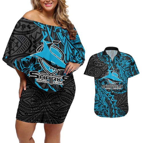 Personalised Cronulla-Sutherland Sharks Couples Matching Off Shoulder Short Dress and Hawaiian Shirt Polynesian Tribal Pattern With Rugby Shark Mascot Art