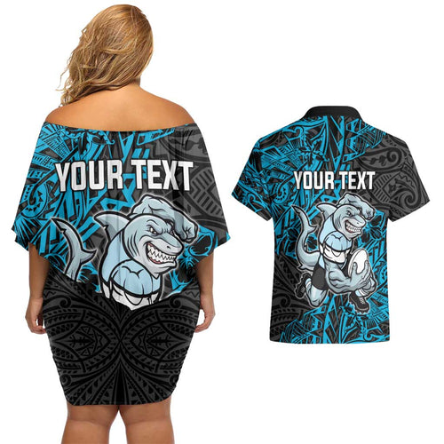 Personalised Cronulla-Sutherland Sharks Couples Matching Off Shoulder Short Dress and Hawaiian Shirt Polynesian Tribal Pattern With Rugby Shark Mascot Art