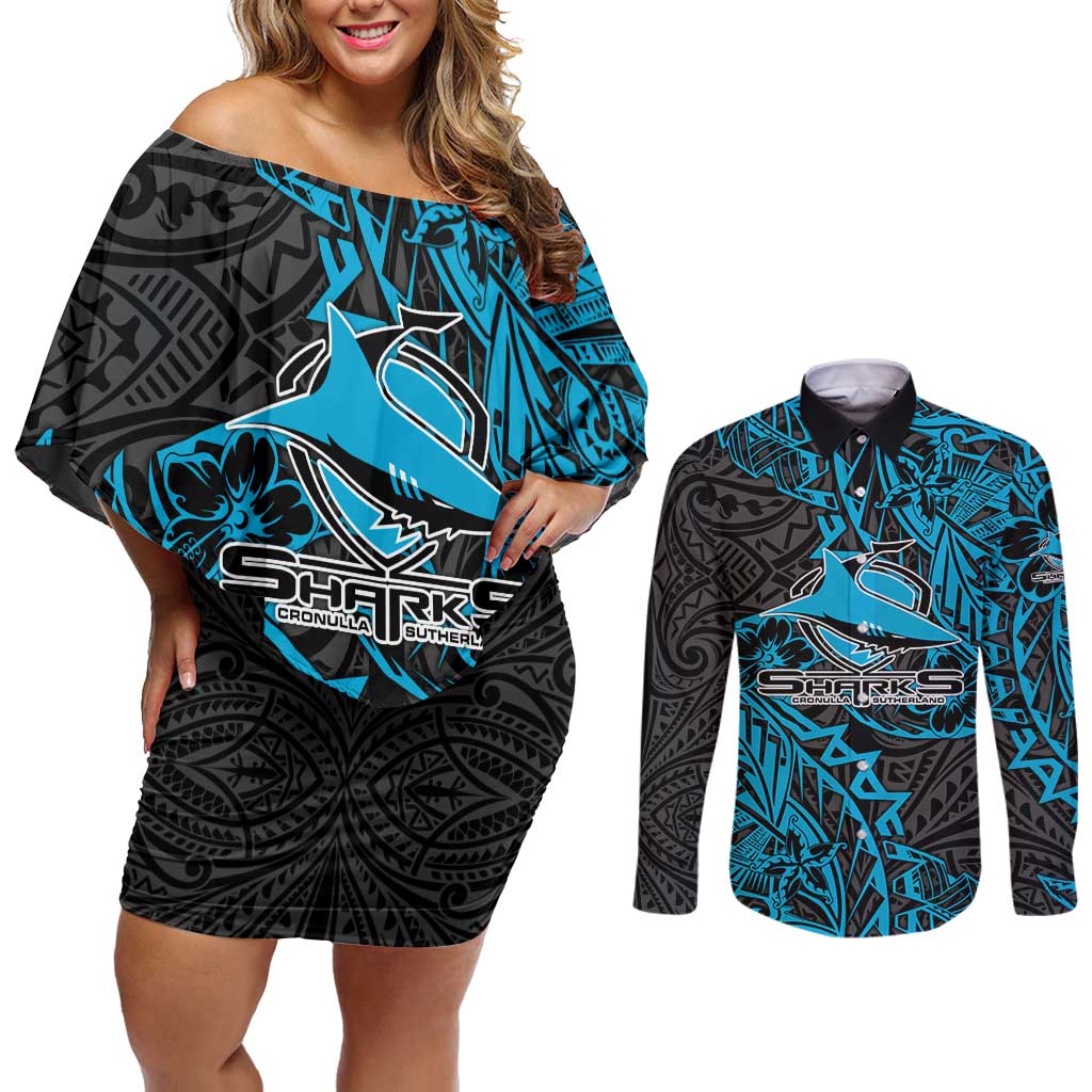 Personalised Cronulla-Sutherland Sharks Couples Matching Off Shoulder Short Dress and Long Sleeve Button Shirt Polynesian Tribal Pattern With Rugby Shark Mascot Art