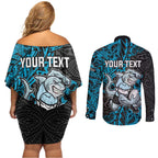 Personalised Cronulla-Sutherland Sharks Couples Matching Off Shoulder Short Dress and Long Sleeve Button Shirt Polynesian Tribal Pattern With Rugby Shark Mascot Art