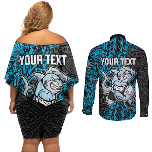 Personalised Cronulla-Sutherland Sharks Couples Matching Off Shoulder Short Dress and Long Sleeve Button Shirt Polynesian Tribal Pattern With Rugby Shark Mascot Art