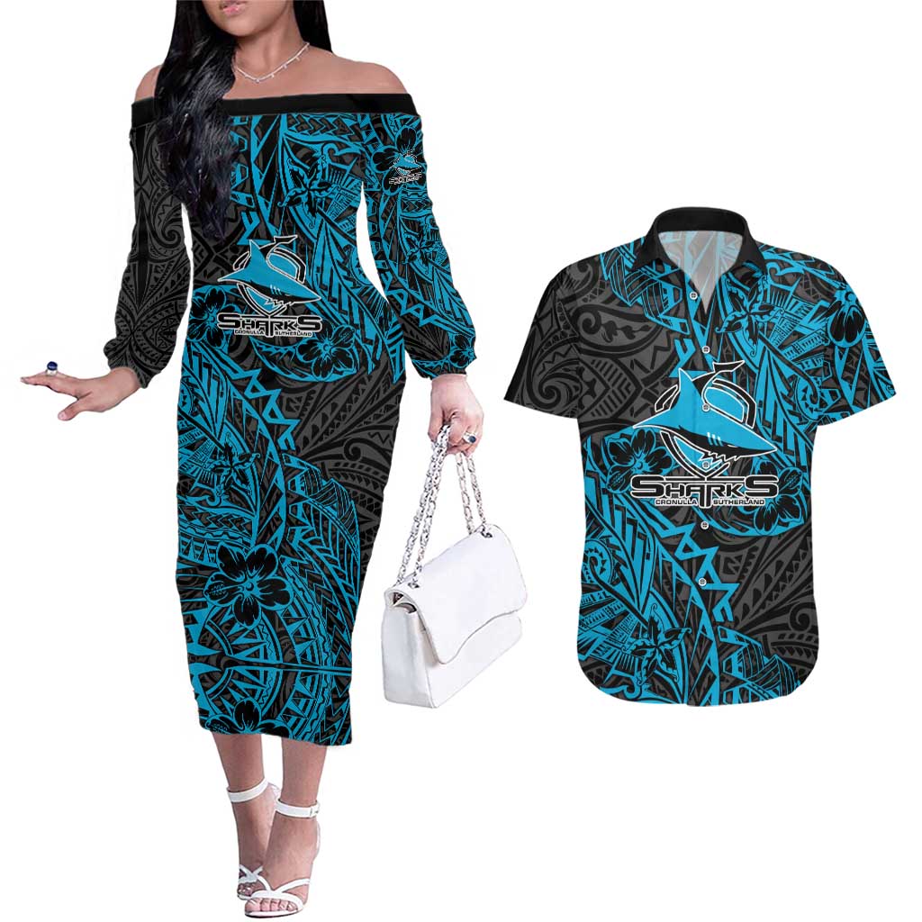 Personalised Cronulla-Sutherland Sharks Couples Matching Off The Shoulder Long Sleeve Dress and Hawaiian Shirt Polynesian Tribal Pattern With Rugby Shark Mascot Art