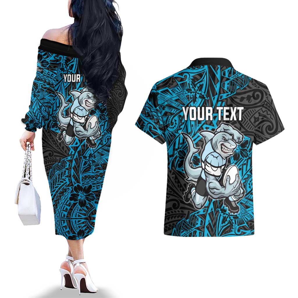 Personalised Cronulla-Sutherland Sharks Couples Matching Off The Shoulder Long Sleeve Dress and Hawaiian Shirt Polynesian Tribal Pattern With Rugby Shark Mascot Art