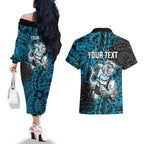 Personalised Cronulla-Sutherland Sharks Couples Matching Off The Shoulder Long Sleeve Dress and Hawaiian Shirt Polynesian Tribal Pattern With Rugby Shark Mascot Art