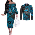 Personalised Cronulla-Sutherland Sharks Couples Matching Off The Shoulder Long Sleeve Dress and Long Sleeve Button Shirt Polynesian Tribal Pattern With Rugby Shark Mascot Art