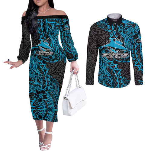 Personalised Cronulla-Sutherland Sharks Couples Matching Off The Shoulder Long Sleeve Dress and Long Sleeve Button Shirt Polynesian Tribal Pattern With Rugby Shark Mascot Art