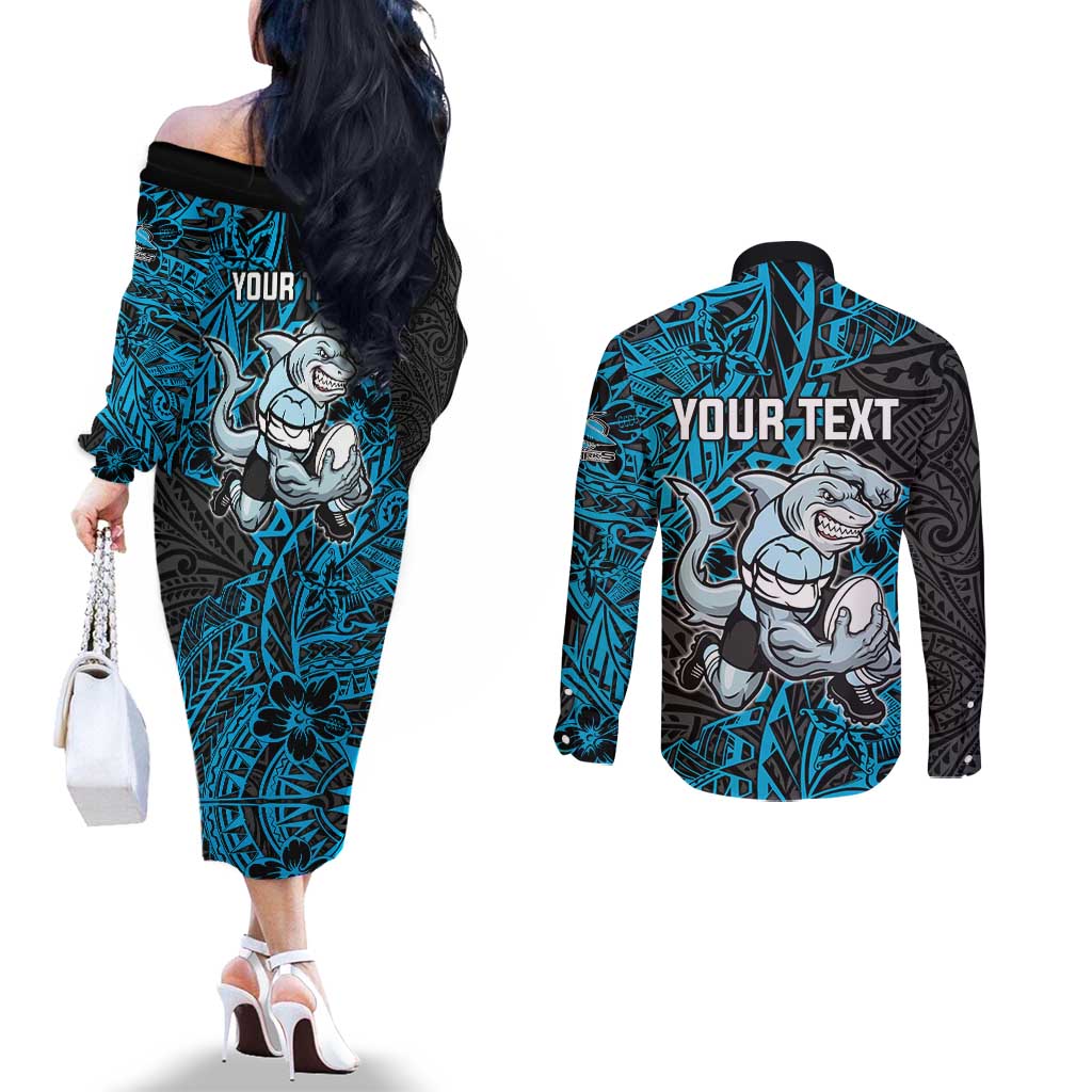 Personalised Cronulla-Sutherland Sharks Couples Matching Off The Shoulder Long Sleeve Dress and Long Sleeve Button Shirt Polynesian Tribal Pattern With Rugby Shark Mascot Art